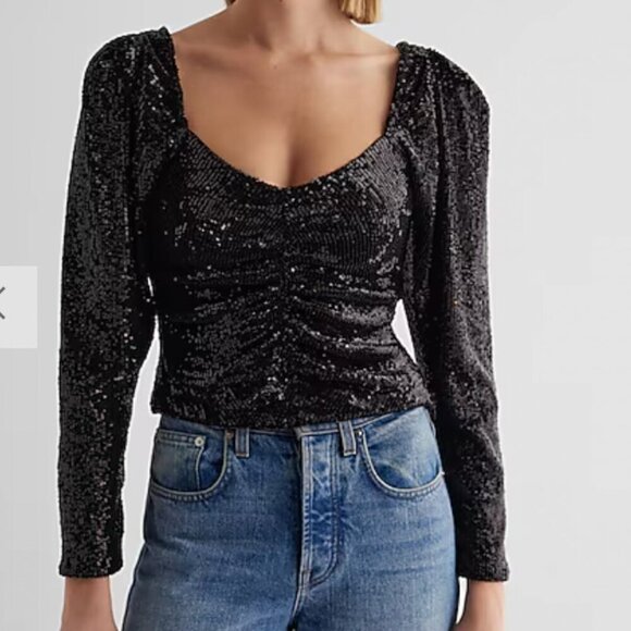 Express Tops - NWT Express Sequin Long Sleeve Top Sweetheart Neckline Ruched Front Size M